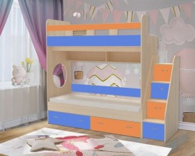 Кровать двухъярусная Юниор-1  с бортиком Дуб молочный/Голубой/Оранжевый в Томмоте - tommot.katalogmebeli.com | фото
