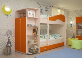 Кровать Мая двухъярусная с ящиками и шкафом Млечный дуб/Оранжевый в Томмоте - tommot.katalogmebeli.com | фото