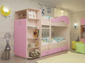 Кровать Мая двухъярусная с ящиками и шкафом Млечный дуб/Розовый в Томмоте - tommot.katalogmebeli.com | фото