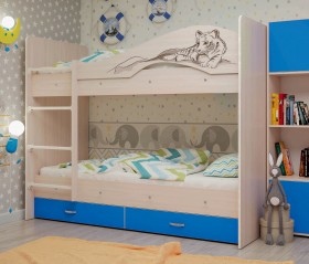 Кровать Мая-Сафари двухъярусная с ящикамиМлечный дуб/Голубой в Томмоте - tommot.katalogmebeli.com | фото