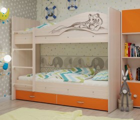 Кровать Мая-Сафари двухъярусная с ящикамиМлечный дуб/Оранжевый в Томмоте - tommot.katalogmebeli.com | фото
